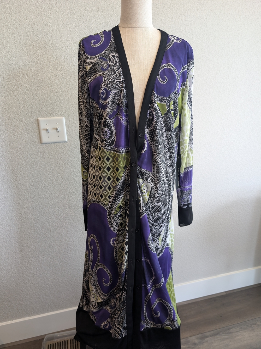 Black Label Sz 1 Purple & Green Paisley Long Mesh Cardigan with Black Trim